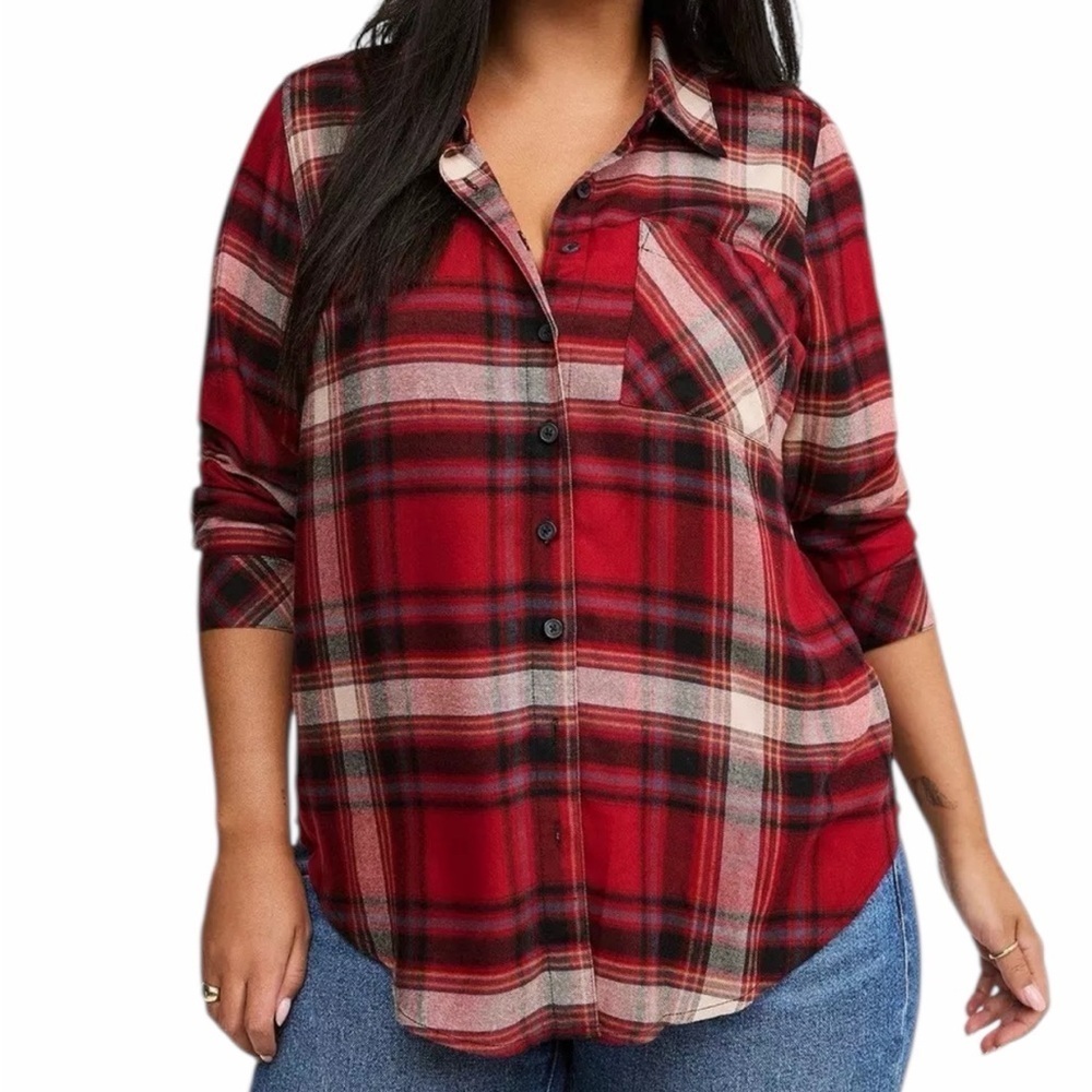 Torrid Lizzie Casual Flannel Button Up Long Sleeve Shirt 2X Kimmie Plaid Rhubarb
